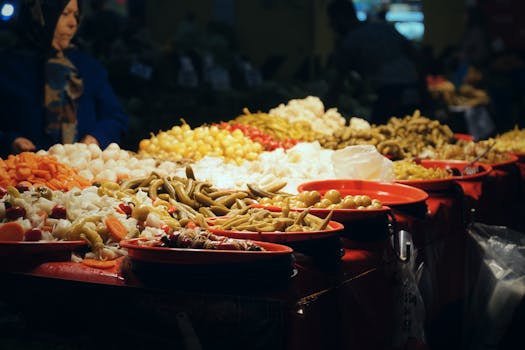 Colorful Budapest food market stall with fresh Hungarian produce