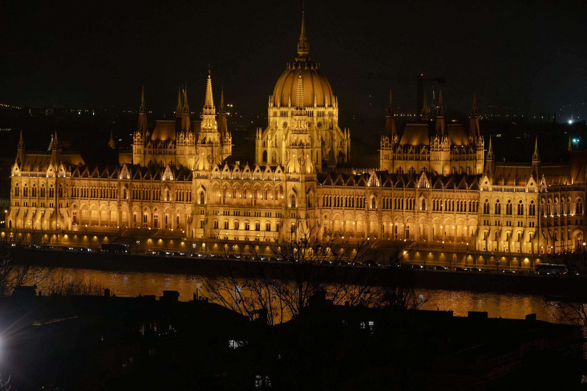 Budapest city lights at night along the Danube