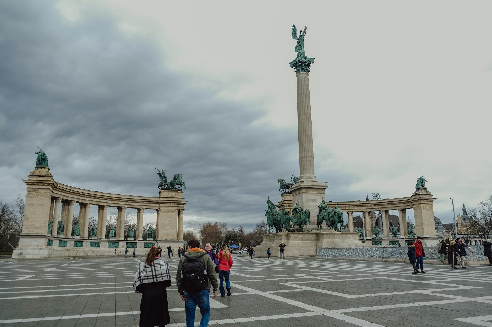 Heroes' Square in Budapest with the Millennium Monument and visitors