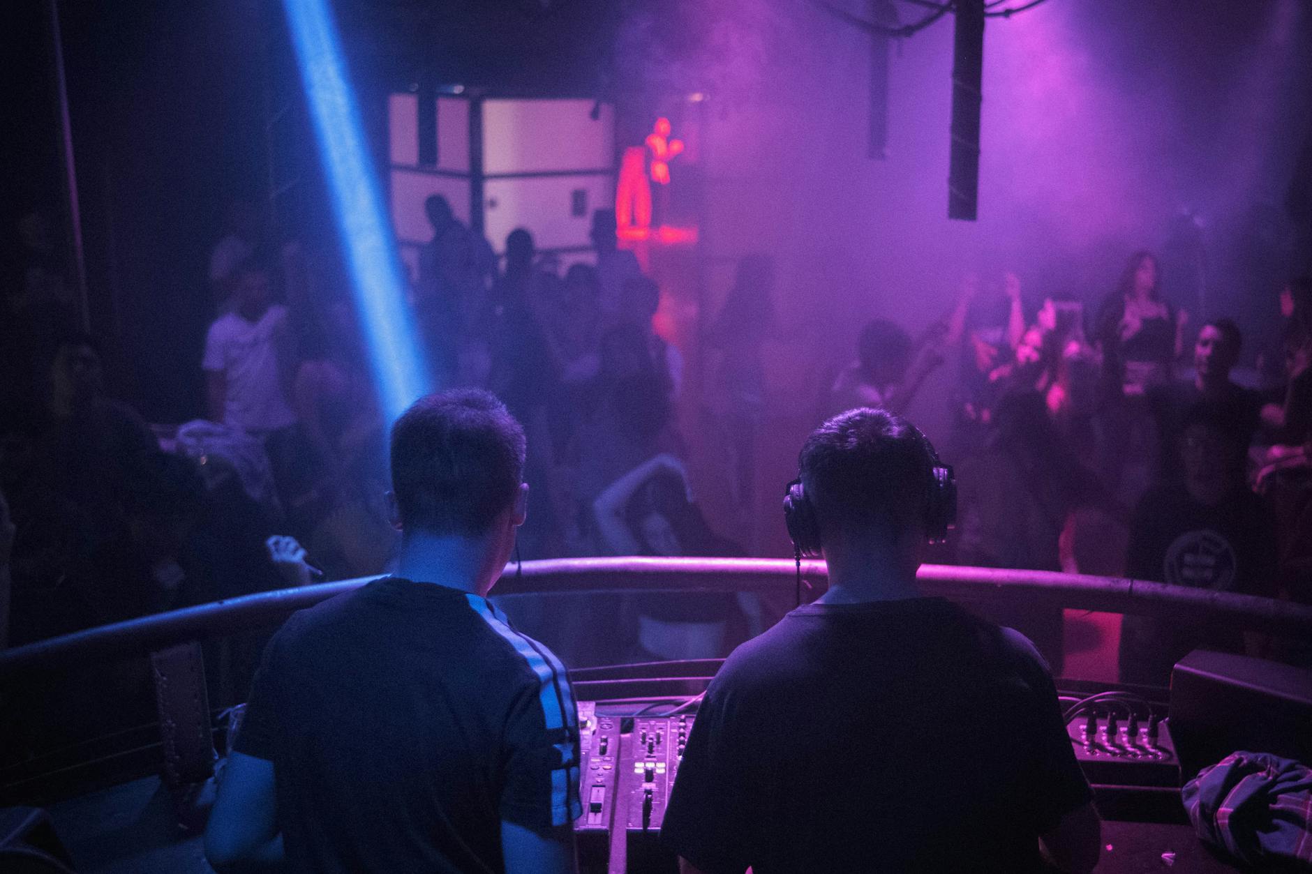 Nightclub dance floor with colorful lights