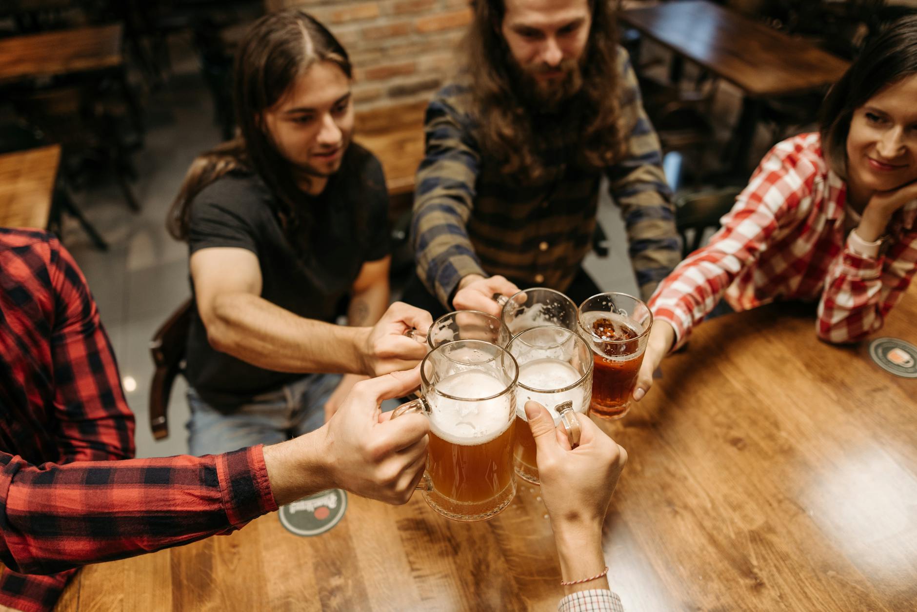 Group of friends on a pub crawl at night