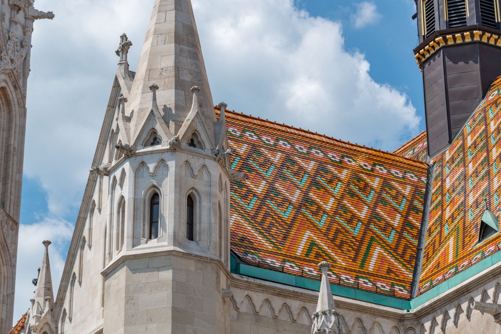 The colourful tiled roof of Matthias Church, one of Budapest's churches