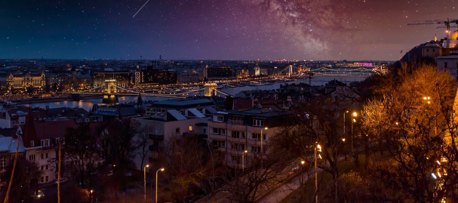 Budapest Danube riverfront lit up on a spring festival evening
