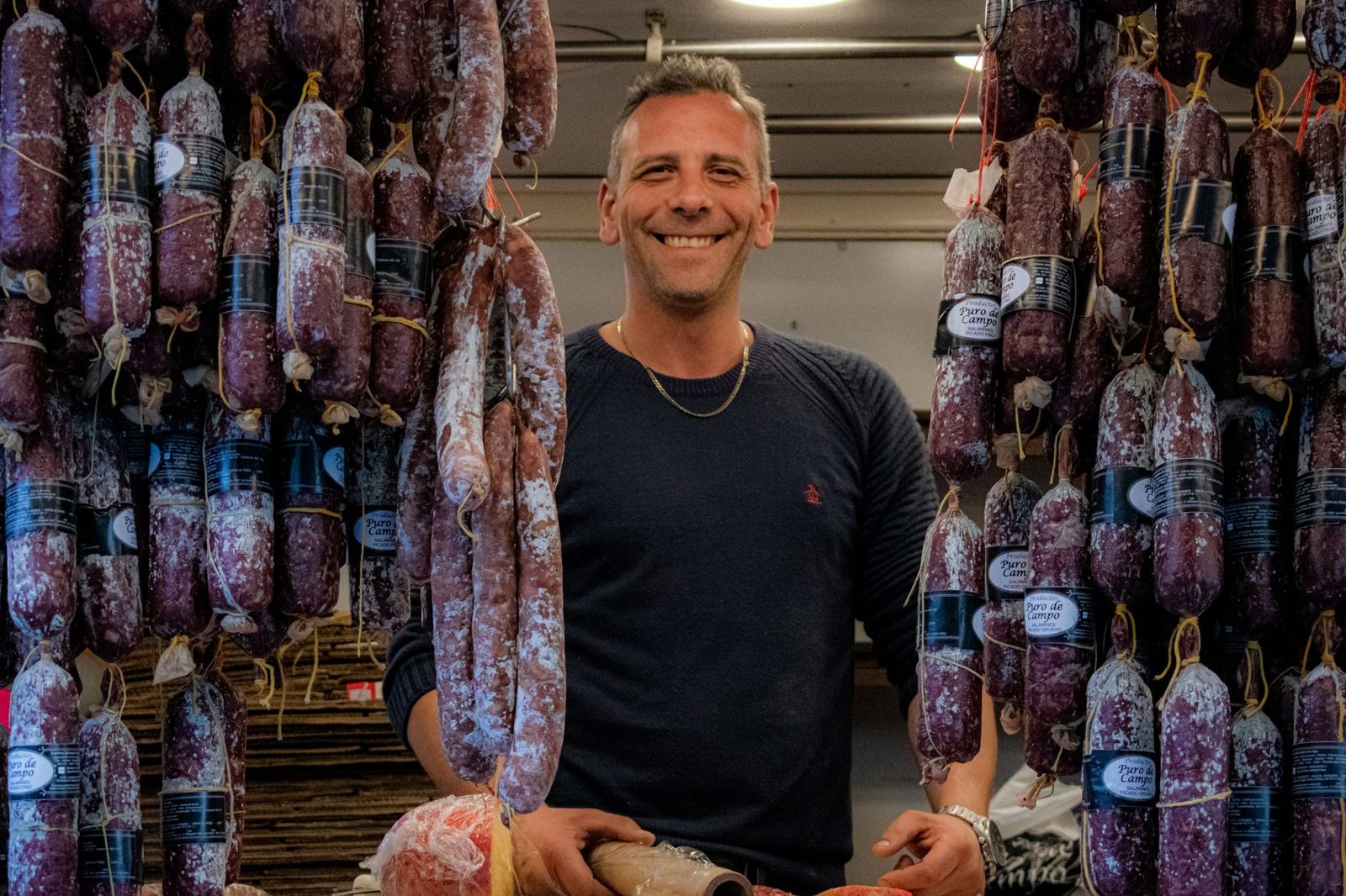 Salami and cured meats for sale at the Central Market Hall Budapest