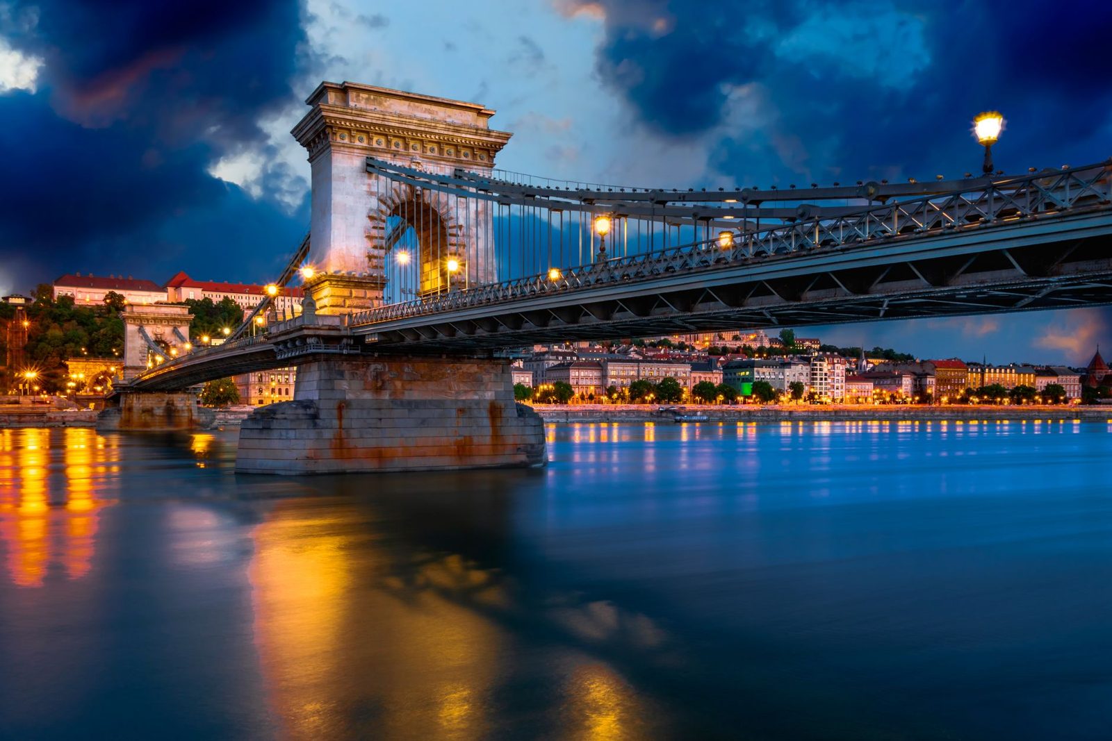 Chain Bridge and the Danube at dusk seen from above