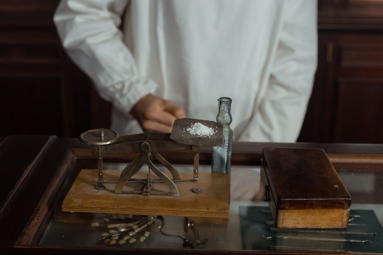Period medical equipment evoking the wards of the Hospital in the Rock