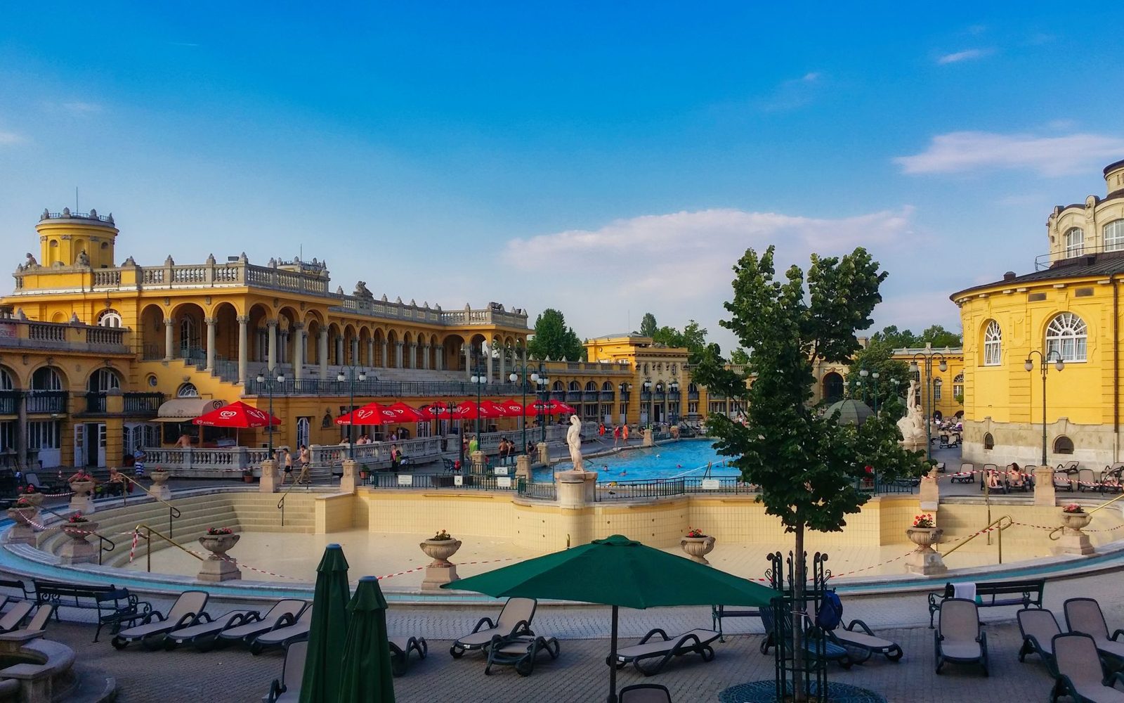 Steam rising from the outdoor thermal pool at Széchenyi Baths