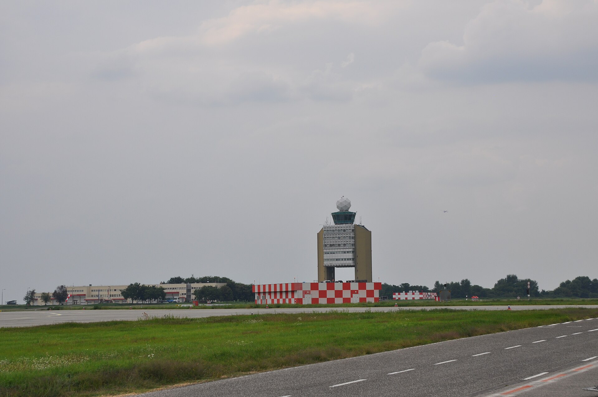 Budapest Airport's air traffic control tower seen from the runway