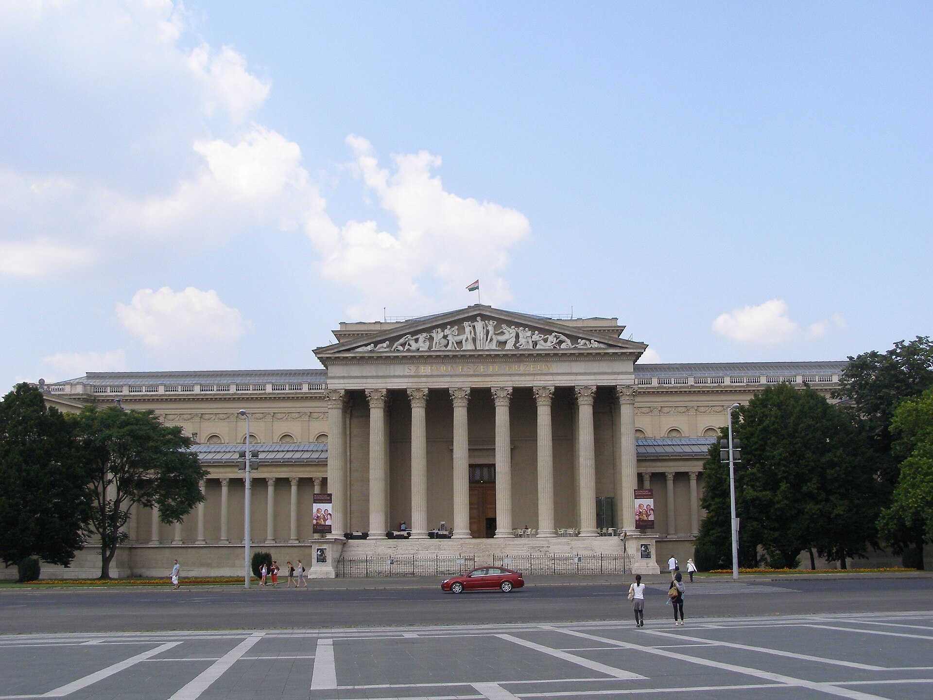 The Neoclassical facade of the Museum of Fine Arts in Budapest, with a Corinthian portico and pediment sculpture