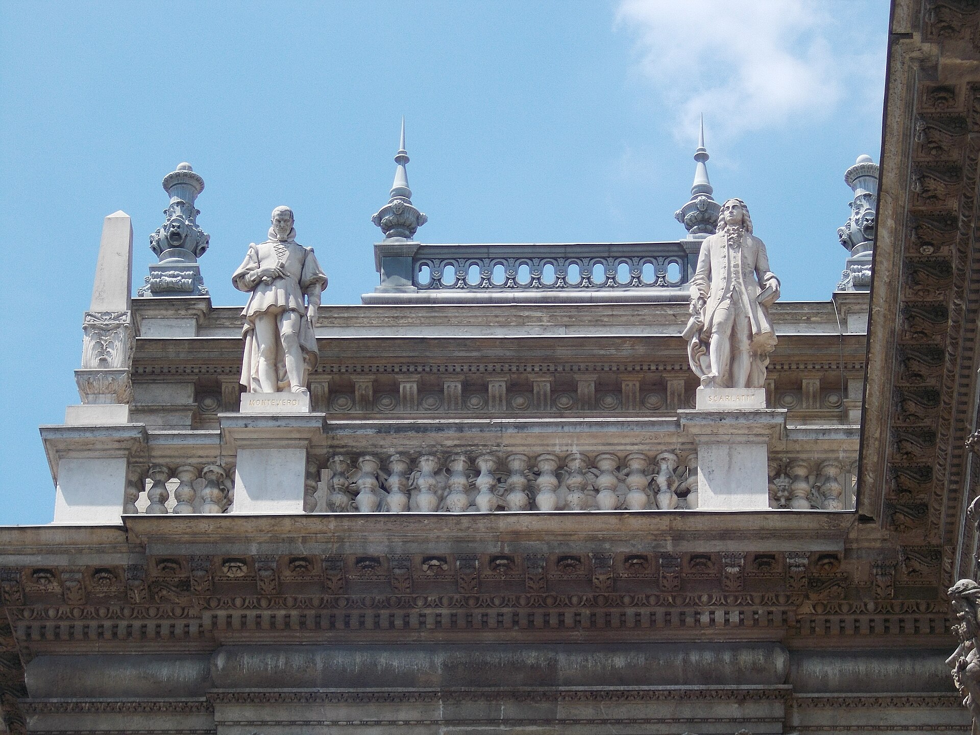 Limestone statues of composers Monteverdi and Scarlatti on the Hungarian State Opera House facade