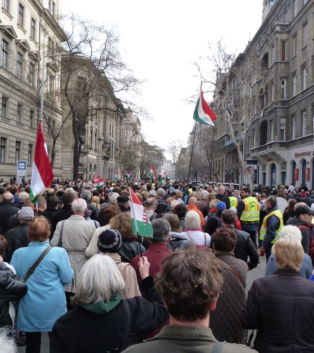 A crowd carrying Hungarian flags along a street in central Pest on 15 March, with bare trees and grand apartment buildings on either side